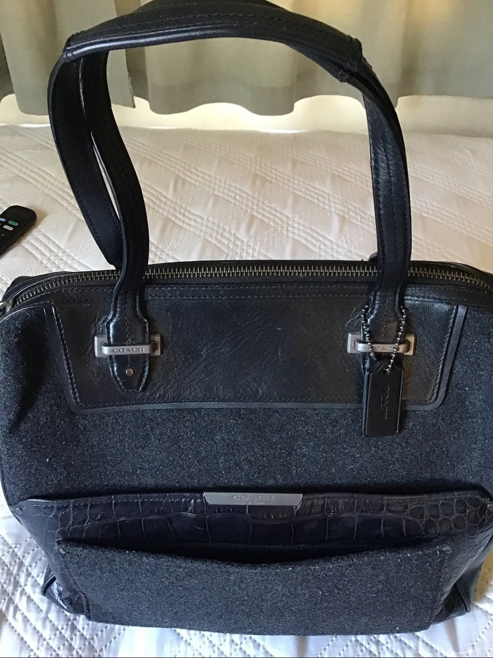 Coach Black Leather and Wool Briefcase with Croc-Trim Pocket